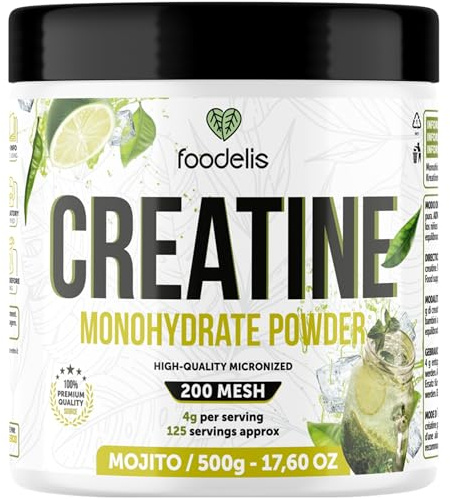 Foodelis Creatina Monoidrato in Polvere – 100% Creatina Micronizzata – Alta Purezza – Senza Additivi – Vegana – Alta Solubilità – Misurino Incluso (500g, Mojito)