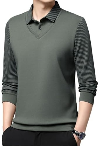 Chemise à revers à rayures pour homme avec fausse manche longue, Chemise à revers à manches longues pour homme, Sweat-shirt décontracté, Vert pois, 3XL