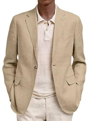 Chaqueta blazer para hombre, tela de lino de algodón, ajuste regular, cierre de dos botones, patrón de espiga, abrigo deportivo versátil para trajes