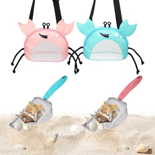 FFPMAM Beach Toy Mesh Shovel and Mesh Bag Set for Boys and Girls, 4Pcs Shell Collecting Tools for Kids, Sand Filter + Collect Shells, Cute Blue and Pink Crab Design Beach Tool