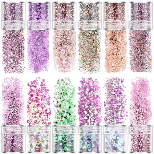 DazSpirit 12 colores Purpurina Polvo, Glitter Flakes Brillantes | Uñas Lentejuelas Brillos Decoración para Cara, Nail Art, Cabello y Cuerpo para fiestas manualidades bodas