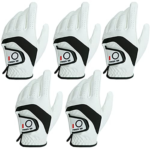 FINGER TEN Gant Golf Homme Main Gauche Droite Cuir Droitier Cabretta PoignÉE Value 5 Pack, Gants de Golf Antidérapants PU Respirant Abordable Tous Les Temps pour Sports (Blanc, ML, Gauche)