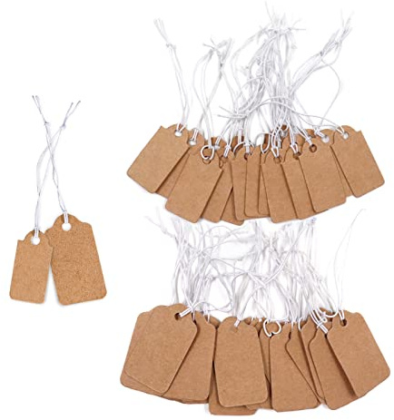 200 mini cartellini in carta kraft con corde elastiche, 2 misure etichette vuote da 1,3 x 2,6 cm e 1,9 x 3,3 cm, etichette per gioielli per abbigliamento, regalo