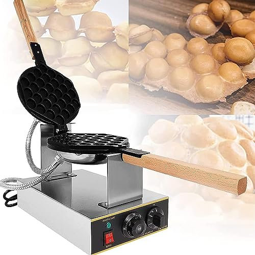 Kommersiell bubbelvåffelmaskin, 1400 W elektrisk non-stick äggvåffelmaskin, justerbar temperatur från 50 till 250 ℃, med 2 180° roterande kastruller och trähandtag, för att stanna
