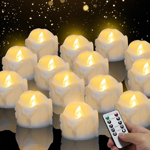 Led Kerzen mit Timerfunktion, 14 Stücke LED Kerzen Flammenlose Kerzen Teelichter mit Fernbedienung mit Automatischer Timer-Modus: 6 Stunden an und 18 Stunden aus; Warmes-Licht, 3.2x3.6cm
