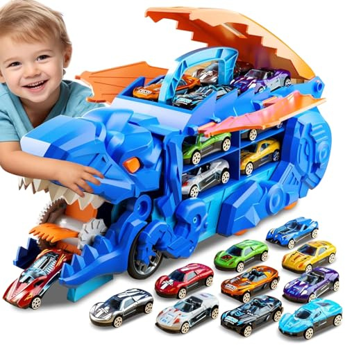 Esteopt Camión Transportador de Juguetes, Autos para Niños Edad 3 4 5 6 7, Pista de Carreras de Dinosaurios Portátil con Juego de 12 Dinosaurios en Caja de Regalo (Azul)