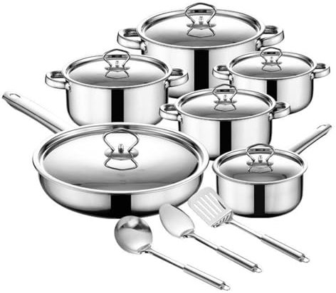 NISHISHUAIGE Stainless Steel Cookware Set Kitchen Aid with Lids 15pcs Cooking Pots And Pans Set Non Stick with Soup Pot Frying Pan Milk Pot And 3 Kitchenware Non-Toxic Professional Grade Cooking Sets