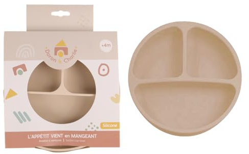 DORON & CHARLIE - Assiette à Ventouse - Repas Enfant - 056702 - Beige - Silicone - 3 Compartiments - Compatible Micro Onde - DME - Machine à Laver - Facile à Nettoyer - Ergonomique - dès 4 mois