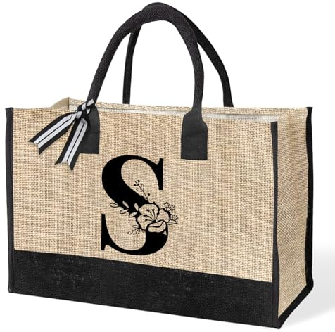 VLYX Sac fourre-tout en toile avec initiale personnalisée, sac de plage, sac cadeau, idéal pour un anniversaire, un mariage, la plage, les vacances, excellent cadeau d'anniversaire pour femme, maman