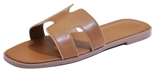 Sandales plates pour femmes, Chaussons en cuir sans lacets pour dames, Chaussures plates confortables et habillées, Mules élégantes été automne, Mignonnes à bout ouvert décontractées, marron, 36 EU