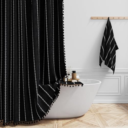 BTTN Boho Farmhouse Shower Curtain, Striped Linen Fabric Shower Curtains with Tassel, Durable and Washable, Rustic Vintage Bohemian Shower Curtain Set with 12 Plastic Hooks, 182 x 182cm, Black