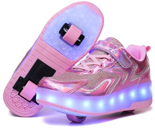 YongerYong LED-remsor rullskridskor med dubbla hjul för barn, automatiska infällbara skateboardskor, utomhussport, gymnastiksneakers, Rosa 001, 31.5 EU
