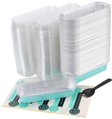 CHIHEUNG 100 mini teglie per pagnotta con coperchio, 200 ml, con cucchiai e adesivi, in alluminio blu, per matrimoni, compleanni, picnic, dessert