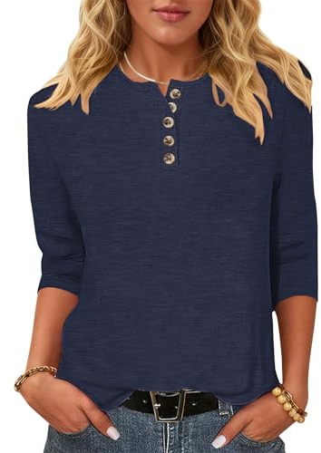 WNEEDU 3/4 ärm T-shirt för dam - ledig Henley-blus rundhalsade skjortor lättviktströja med knappar