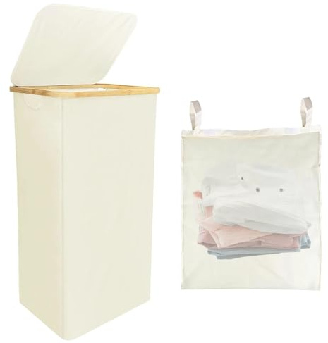 Dorglix 100L Panier à Linge, Corbeille a Linge, Paniere a Linge Sale avec Couvercle, Bac à Linge Amovible et Pliable, Paniers à Linge, pour Chambre, Salle de Bain, Buanderie, Beige, Tissu Oxford