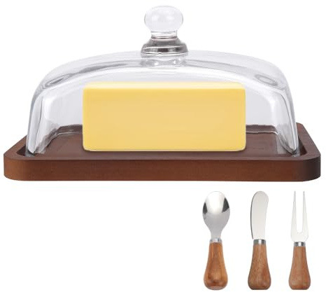 Mulaibdin Beurrier en verre et bois - Cloche à fromage rectangulaire avec couvercle hermétique - Beurrier en bambou avec couteau à beurre, cuillère, fourchette, couvercle en verre pour réfrigérateur