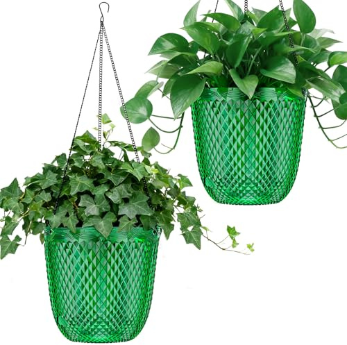 QCQHDU Self Watering Hanging Pots, 2 Pack 5.7 Inch Hanging Planters for Plants Indoor, Outdoor Flower Pots with Drainage Holes and 3 Hooks Chains for Garden Home (Emerald)