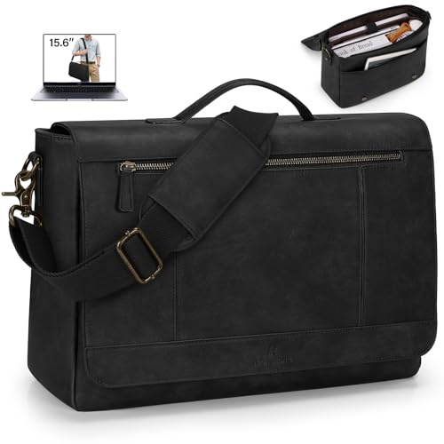 RAINSMORE Leather Messenger Bag for Men 15.6 Inch Waterproof Laptop Bag Vintage Computer Briefcase Large Shoulder Satchel Bags for Work Business Office College