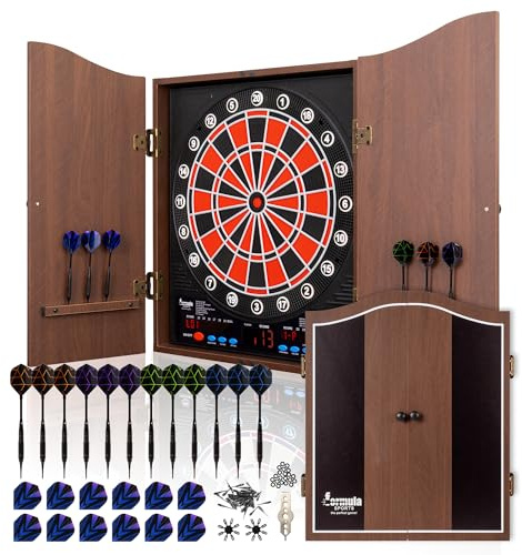 Electronic Soft Tip Dartboard with Wood Cabinet, 13.5 in Target, 34 Games for Maximum 8 People, 12 Darts and All Accessories Included (Brown)