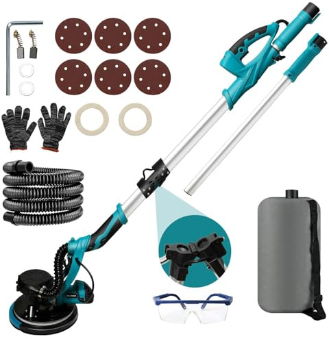 Levigatrice Giraffa 1250 W Levigatrice da parete e da soffitto con aspirapolvere per piastre in gesso a secco, 1800 giri/min, illuminazione a LED, manico telescopico, per principianti/lavori