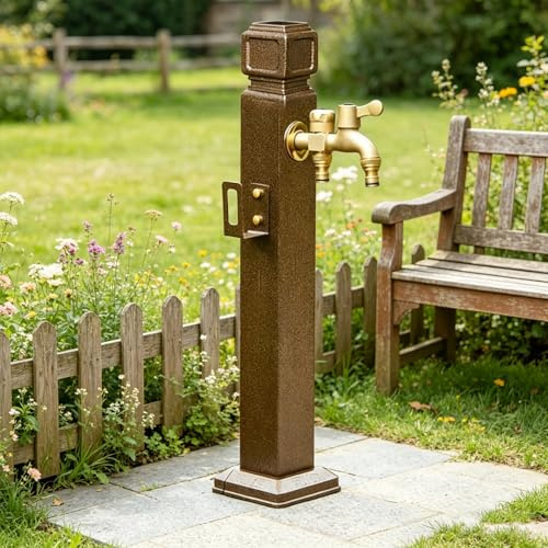 Colonne d'Eau Extérieure pour Jardin, Poteau d'Arrosage Vertical Autoportant, Robinet Extérieur en Laiton à Double Sortie avec Crochet pour Tuyau(70cm/27.6in)