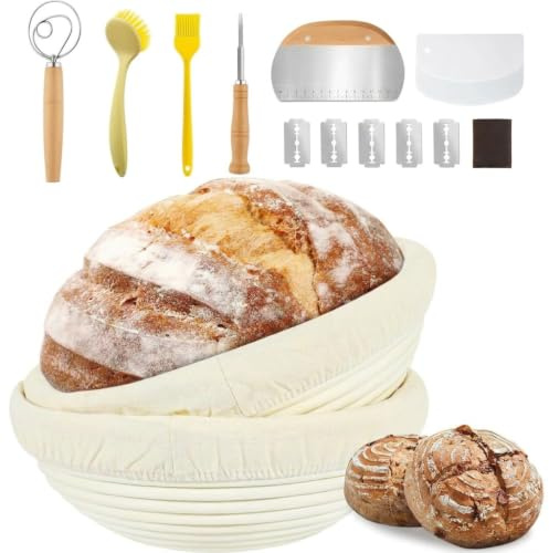 Set Brödgarningskorgar, Gärkörbchen för brödbakning, 2 x runda 23 cm naturliga rotangkorgar