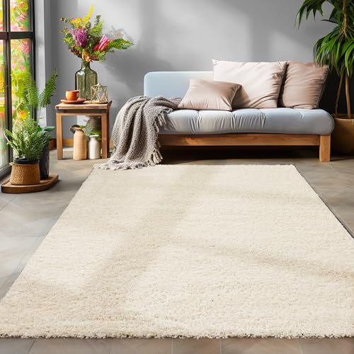 Teppich Wohnzimmer Shaggy Teppich Hochflor 300 x 400 cm Creme Einfarbig Modern Design - Teppich Schlafzimmer Waschbar Flauschig und Extra Weich für Esszimmer Kinderzimmer Flur Küche