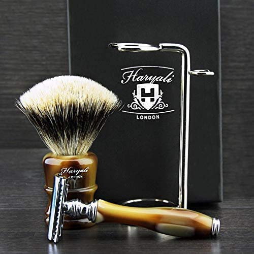 Premium Horn Silver Tip Classic Wet Shaving Set > Badger Shaving Brush & Double Edge Safety Razor - Luxury Horn Replica Resin Handles > Modern Shaving Classics by Haryali London - Gentleman Essentials