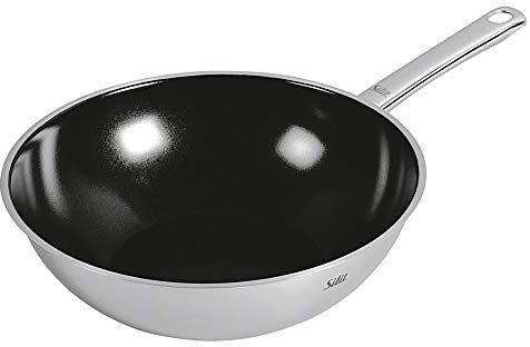 Silit Wuhan Wokpfanne Induktion 28 cm, Wok Edelstahl beschichtet, backofenfest, Silber