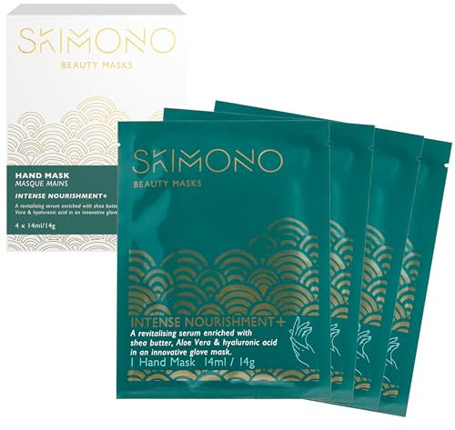 Skimono Hydrating Hand Mask Gloves for Dry Hands Repair (4 Pairs) - Moisturising Hand Treatment Gloves with Shea Butter, Collagen, Aloe Vera & Hyaluronic Acid - Spa Gloves for Soft, Smooth Skin