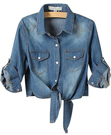 AMEBELLE - Camicia da Donna Arrotolabile a 3/4 con Nodo Anteriore, in Denim Chambray - Blu - XS