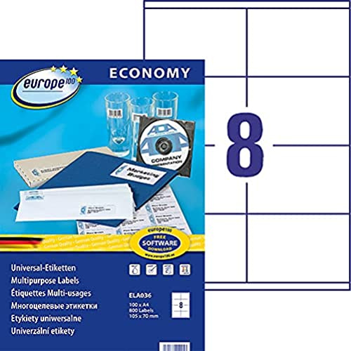 Europe 100 Étiquettes Autocollantes Blanches Personnalisables 105 x 70 mm - 800 Pièces - Impression Laser, Jet d'Encre et Copieur