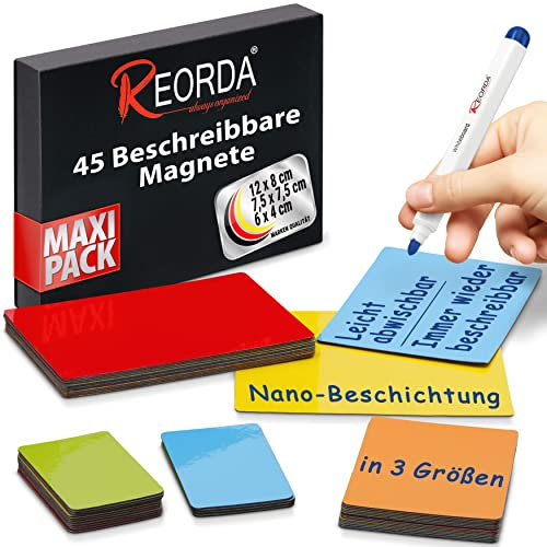 Reorda Magnetstreifen beschreibbar - 45 Stück wiederbeschreibbar in 3 Größen (Bunt) | Beschreibbare Magnete für Whiteboard, Kanban, Magnettafel | Beschriftbare Magnete für den Kühlschrank