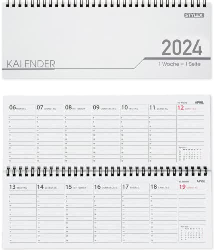 Stylex 43756 Schreibtisch Querkalender 2024-32 Blatt - 1Woche Pro Seite 28x11cm, weiss