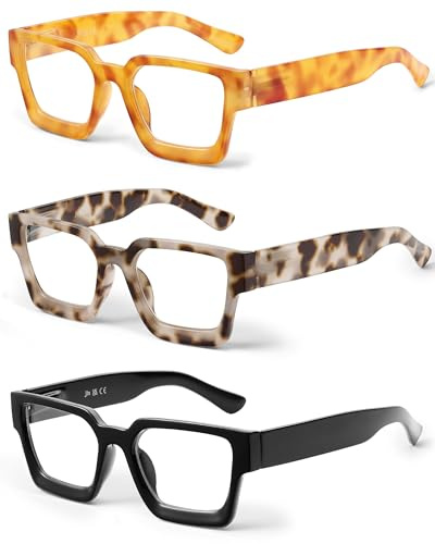 JM Lot de 3 Montures de Lunettes Carrées, Lecteur d'ordinateur Bloquant la Lumière Bleue pour Femme Homme +3.25 Noire/Éperonnière/Caouanne