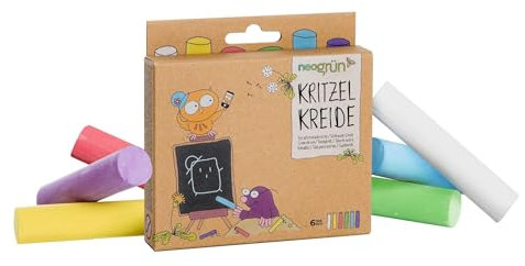 neogrün KRITZELKREIDE - Bunte Straßenmalkreide - 6 Farben - vegan mit natürlichen Zutaten - nahezu staubfrei für saubere Finger - Perfekt für Asphalt, Stein, Tafeln, Papier etc.