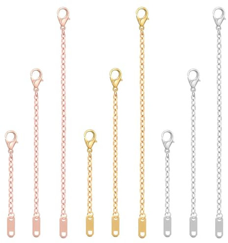 YOYEAH Juego de 9 extensores de cadena plateado/oro/oro rosa, cadena de extensión de acero inoxidable para pulsera y collar, extensiones para hacer joyas y accesorios, diferentes tamaños y colores