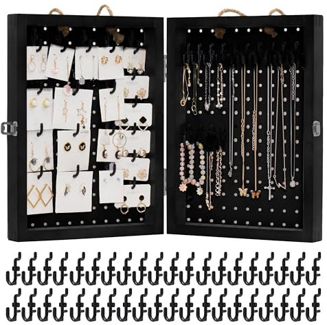 Tapeera Folding Peg Board Display Stand For Vendors Included 40 Hooks - Jewelry Display For Craft Show - Tabletop Pegboard Earring Display For Vendor Events - Necklace Display Rack For Selling (Black)