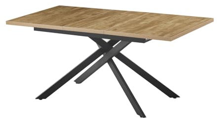 B&D home Esstisch LARS, ausziehbar 120-160 x 80 cm, 4-6 Personen Küchentisch Holztisch mit Kreuzgestell schwarz für Küche, Esszimmer, Industrial modern Design, Wildeiche Optik, 11202-XS-EIWL-P