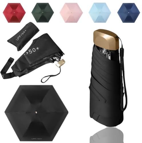 Tirimbeles Paraguas Pequeño Plegable de Bolsillo | Mini Paraguas 6 Varillas y Funda | Protección Solar UV y Repelente al Agua | Compacto y Portátil | Ideal Viaje y Bolsos Pequeños (Negro)