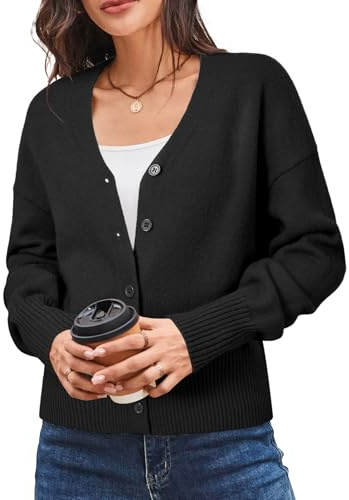 Newshows Women's Cardigan Sweaters 2026 Spring Fashion Cropped Chunky Lightweight Button Down Open Front V Neck Cashmere Business Trendy Clothes(Black L)