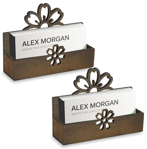HAOTIAN-X 2 soportes para tarjetas de visita con flores para escritorio, soporte de madera para tarjetas de visita, soporte de madera para tarjetas de nombre, organizador de tarjetas de escritorio