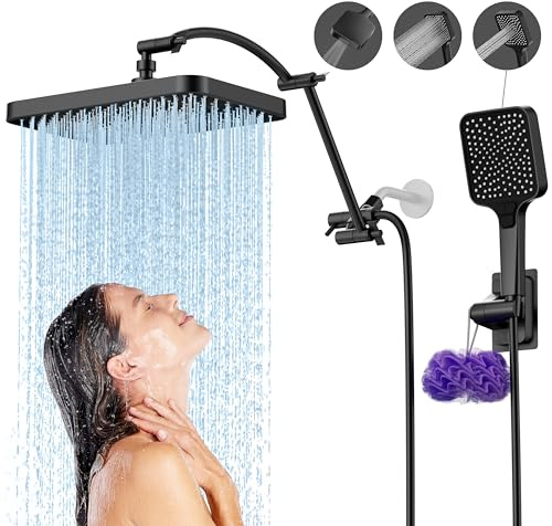 SREEZNX 13 Inch High Pressure Shower Heads with Handheld Spray Combo, Rain Shower Head Extension Arm 19 Inch, Black Rainfall Shower Head with Handheld