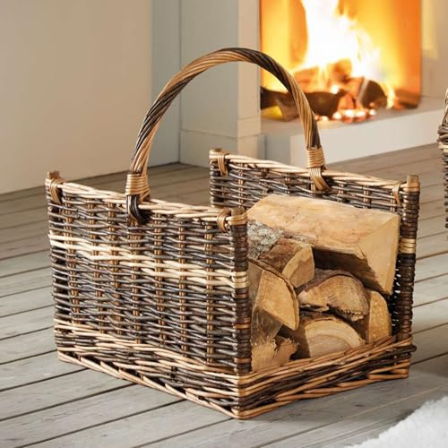 Dekoleidenschaft Panier à bûches « Grande » en osier, pour bois de cheminée, grand panier à bois de chauffage, panier de transport, rangement du bois de chauffage