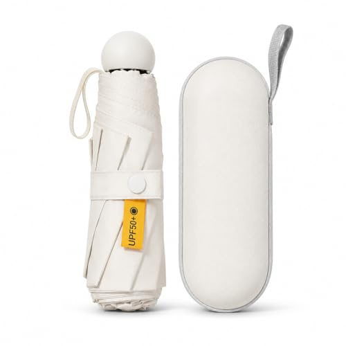 Mini hopfällbart paraply med fodral, fickstorlek lätt bärbart paraply, lätt kompakt regnparaply för resor utomhus daglig användning, litet sol regn fickparaply för flickor och kvinnor män, Vitt, Small