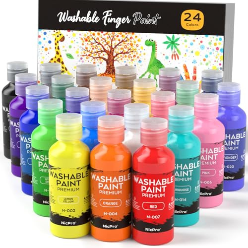 Nicpro 24 Colors Washable Finger Paint Set for kids(2 oz, 60 ml), Non-Toxic & Baby Safe Paint for Hand and Feet, Mess Free Finger Painting Art Supplies for Kids Age 3+, Preschool Learning Gifts