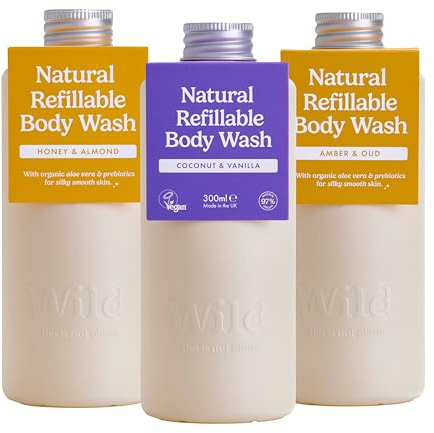 Wild Body Wash Refill Variety Pack - 3 Pack of Shower Gel Refills in Coconut & Vanilla, Honey & Almond and Amber & Oud Scents - 95% Natural Ingredients - No Sulphates, Parabens or SLES - Vegan