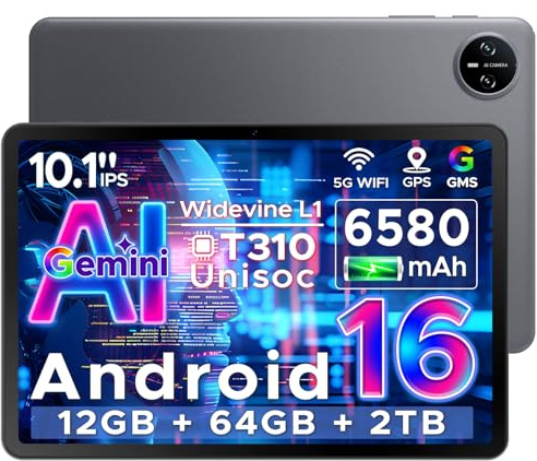 Tab A9 Android 16 Tablet 10 Pollici, 20 GB RAM + 64 GB ROM (TF 2 TB), Gemini AI, 6580 mAh, Unisoc T310, 1280*800 IPS, WiFi 5, Doppio Altoparlante, 8MP+5MP, Bluetooth 5.0/Face ID/Jack da 3,5 mm-Grigio