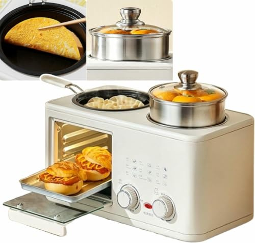 Frukostmaskin 4-i-1, 1 200 W multifunktionell apparat med dubbla vred tid och temperaturkontroll, S-typ dubbel värmerör för hemmabruk, kompakt design