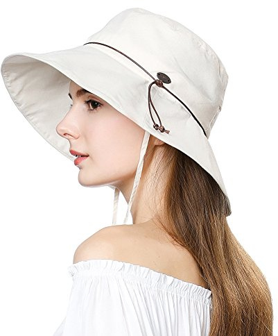Comhats Sombrero de Verano para Mujer (protección UV 50+, con Correa para la Barbilla) Beige L